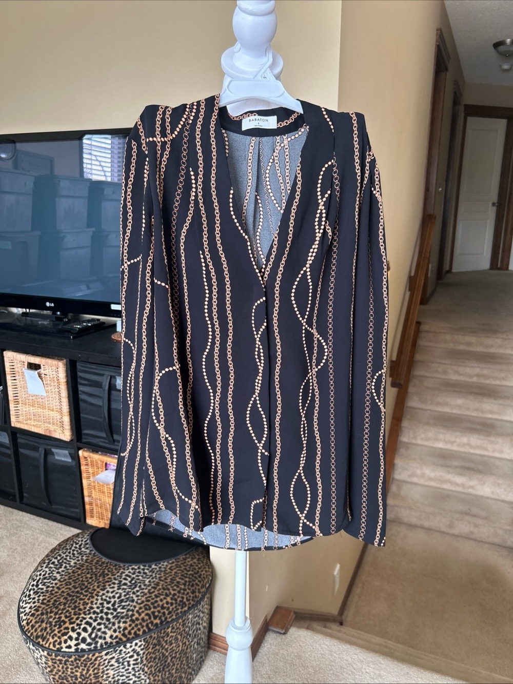 Babaton Black V-Neck Button down Power Blouse with Gold Chain-Print